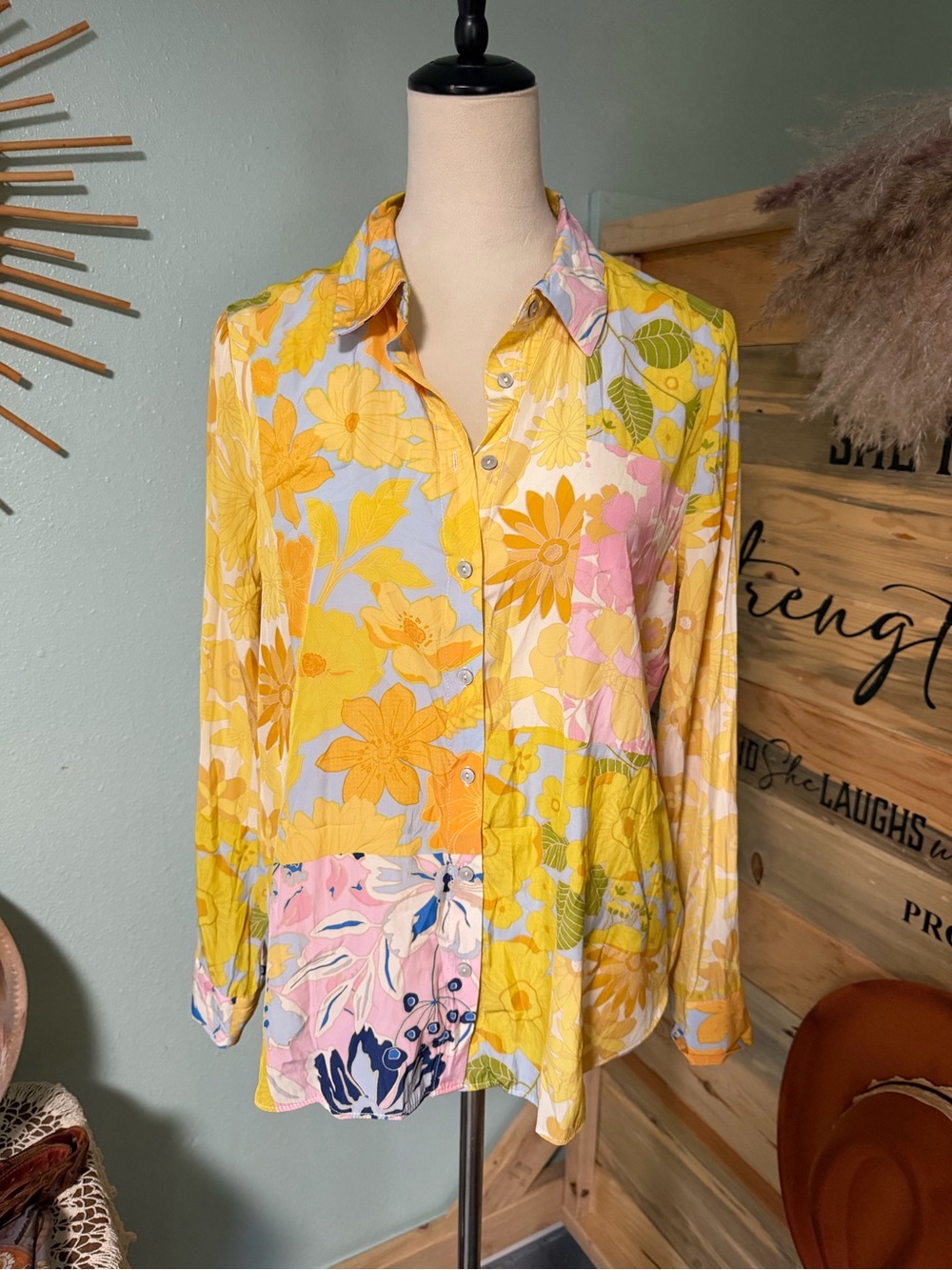 Floral Button-Up Long Sleeve Top in Yellow and Pink